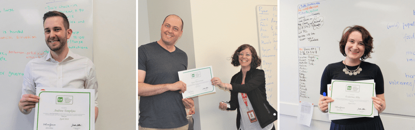 ILAC Greenest Teacher Awards Winners, from left to right: Andrew Tompkins, Ryan Maclennan with Angela Johnston, and Ecaterina Albu