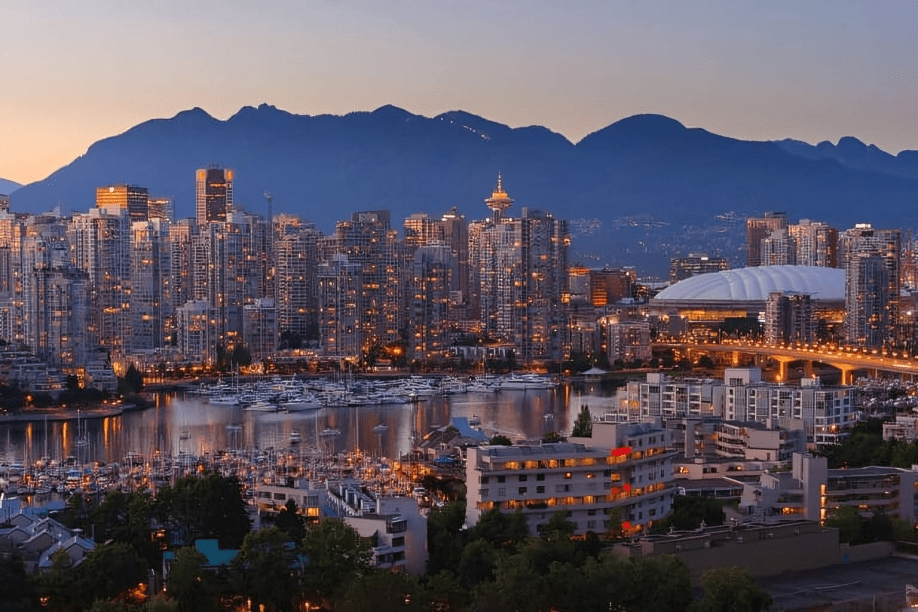A landscape view of the Vancouver skyline at twilight.