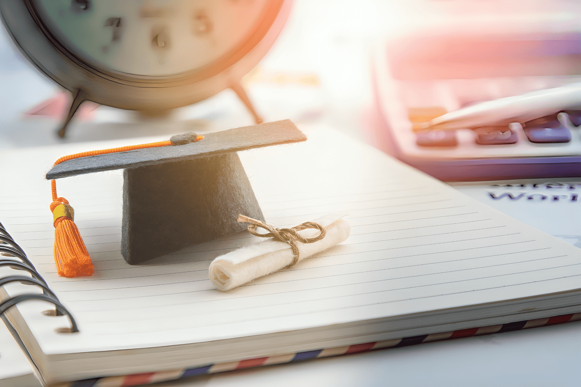 A diploma, graduation cap, and notebook on top of a white table
