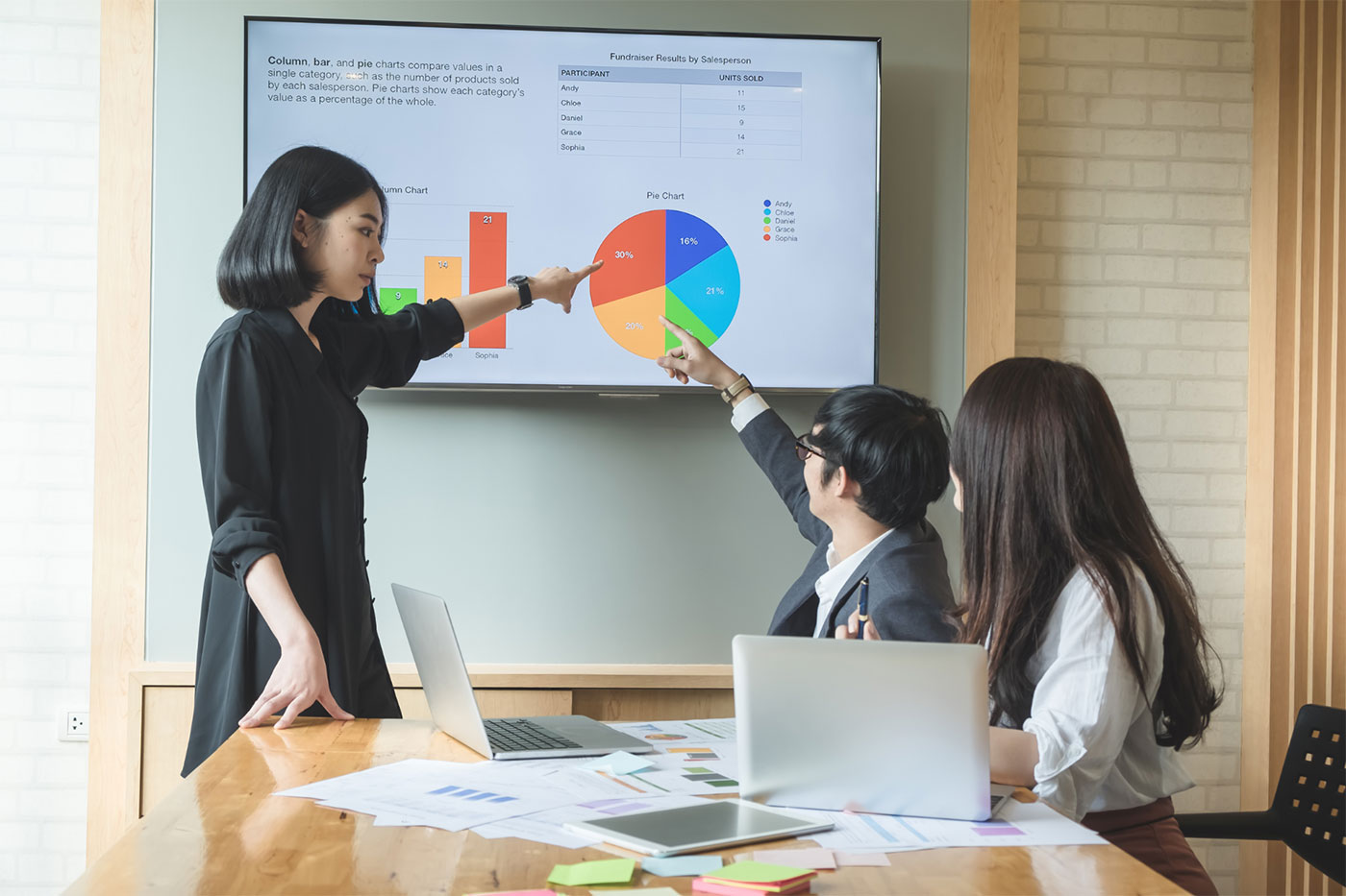 Business people in a meeting room pointing to a pie chart on the wall
