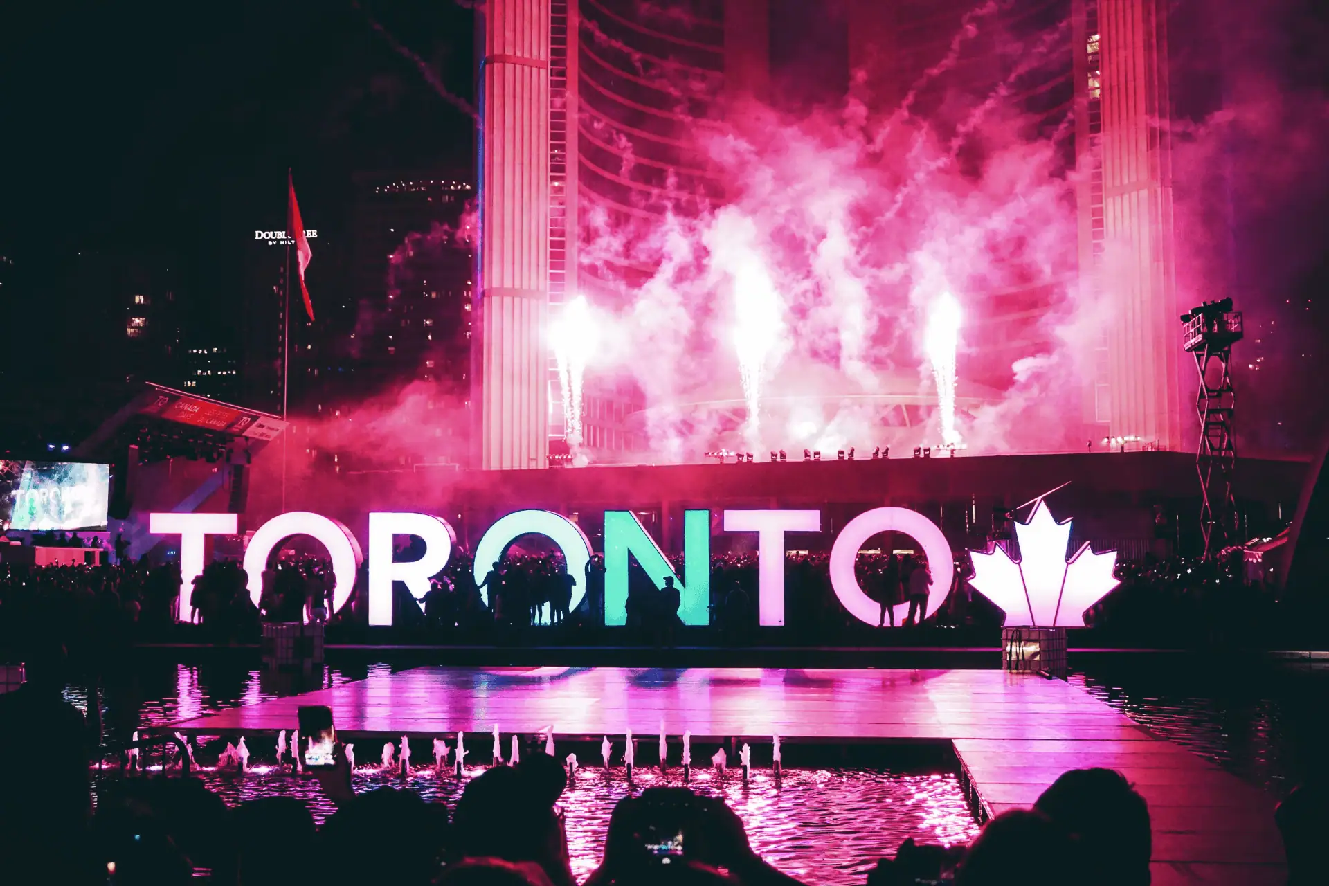 Nathan Phillips Square during a fireworks show.